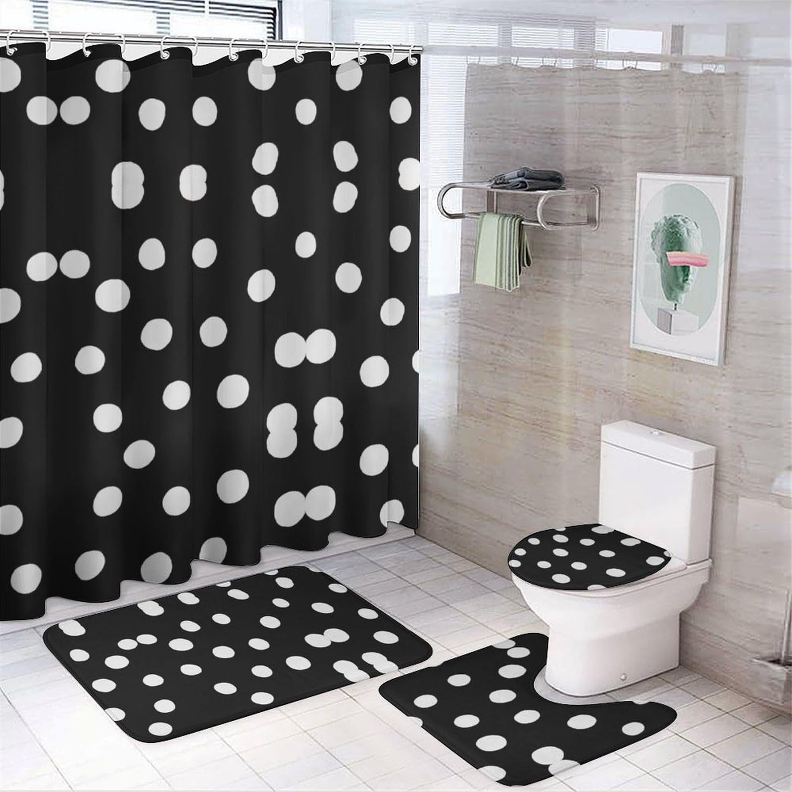 JZemdybill Bathroom Mat Set 4 Piece, Black And White Polka Dot Shower Curtain with Non-Slip Bath Mats for Bathroom