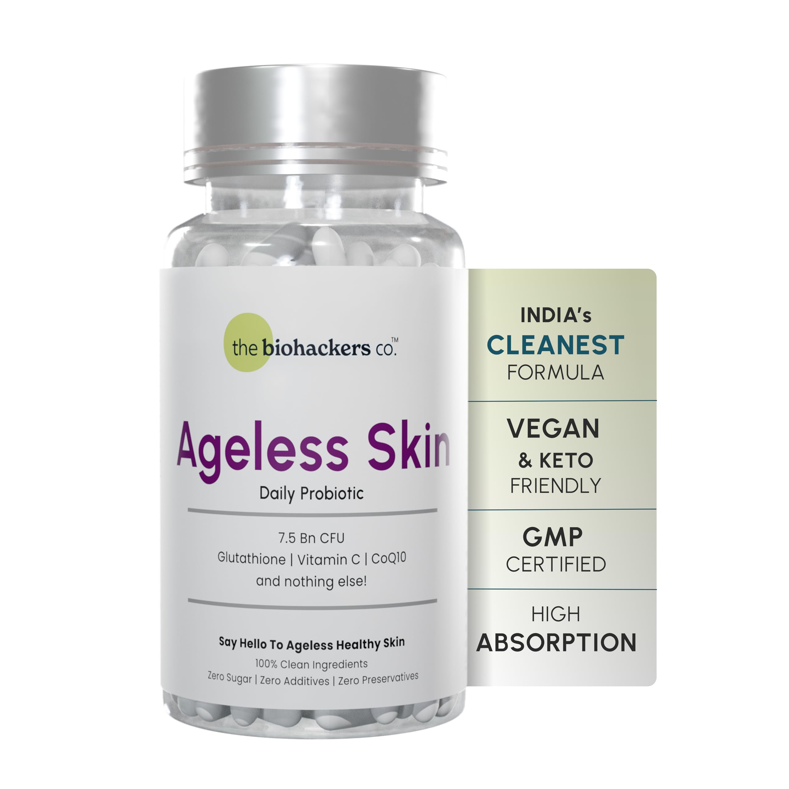 The Biohackers Co. Ageless Skin Daily Probiotic | 100% Clean Advanced Skin Health with CoQ10, Acidophilus, Vitamin C, Glutathione For Whitening,Radiant & Glowing Skin | Pack of (1) | 30 Days Stack