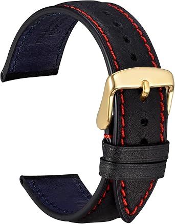 WOCCI 14mm Nubuck Leather Watch Band with Golden Stainless Steel Buckle, Replacement Strap Black