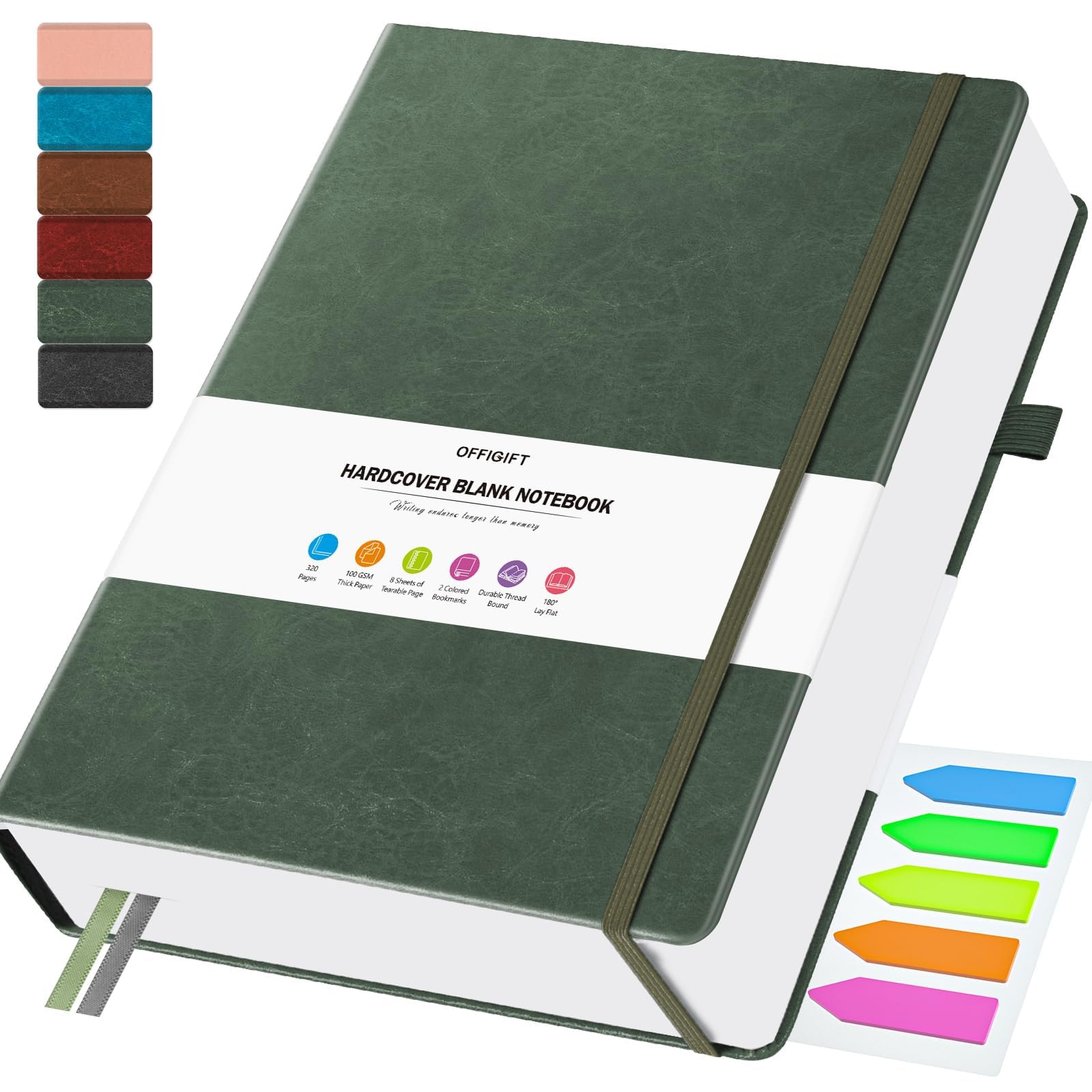 Taccuino vuoto, copertina rigida, 21,6 x 27,9 cm, 320 pagine, senza sbavature, 100 g/m², carta da disegno, scrittura, quaderni sfoderati per lavoro, diario in pelle per donne e uomini, scuola, verde
