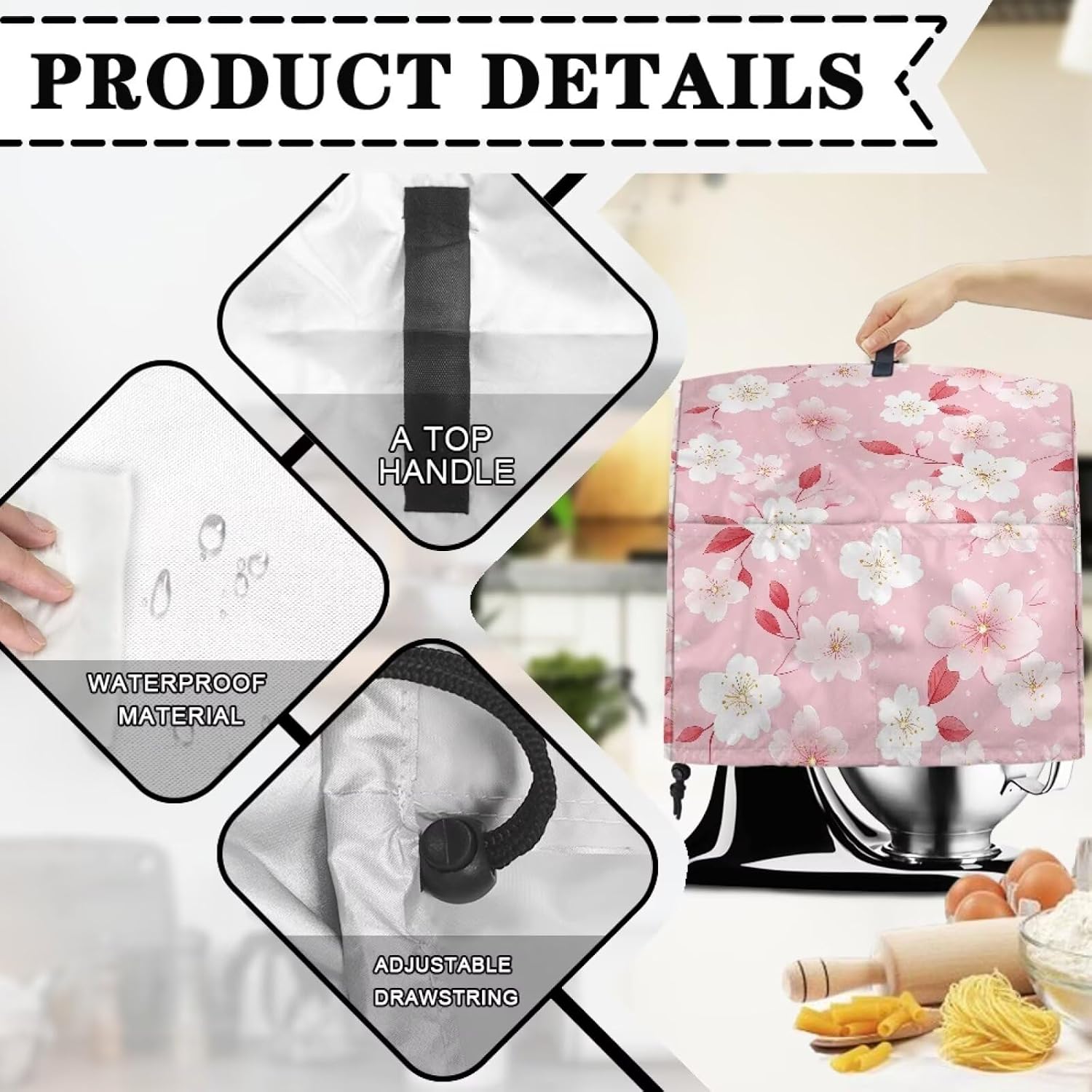 Cherry Blossom Pink Kitchen Aid Mixer Cover Dustproof Stand Mixer Dust Covers Food Processor Covers Case for Kitchen Aid Accessories and Attachments - L