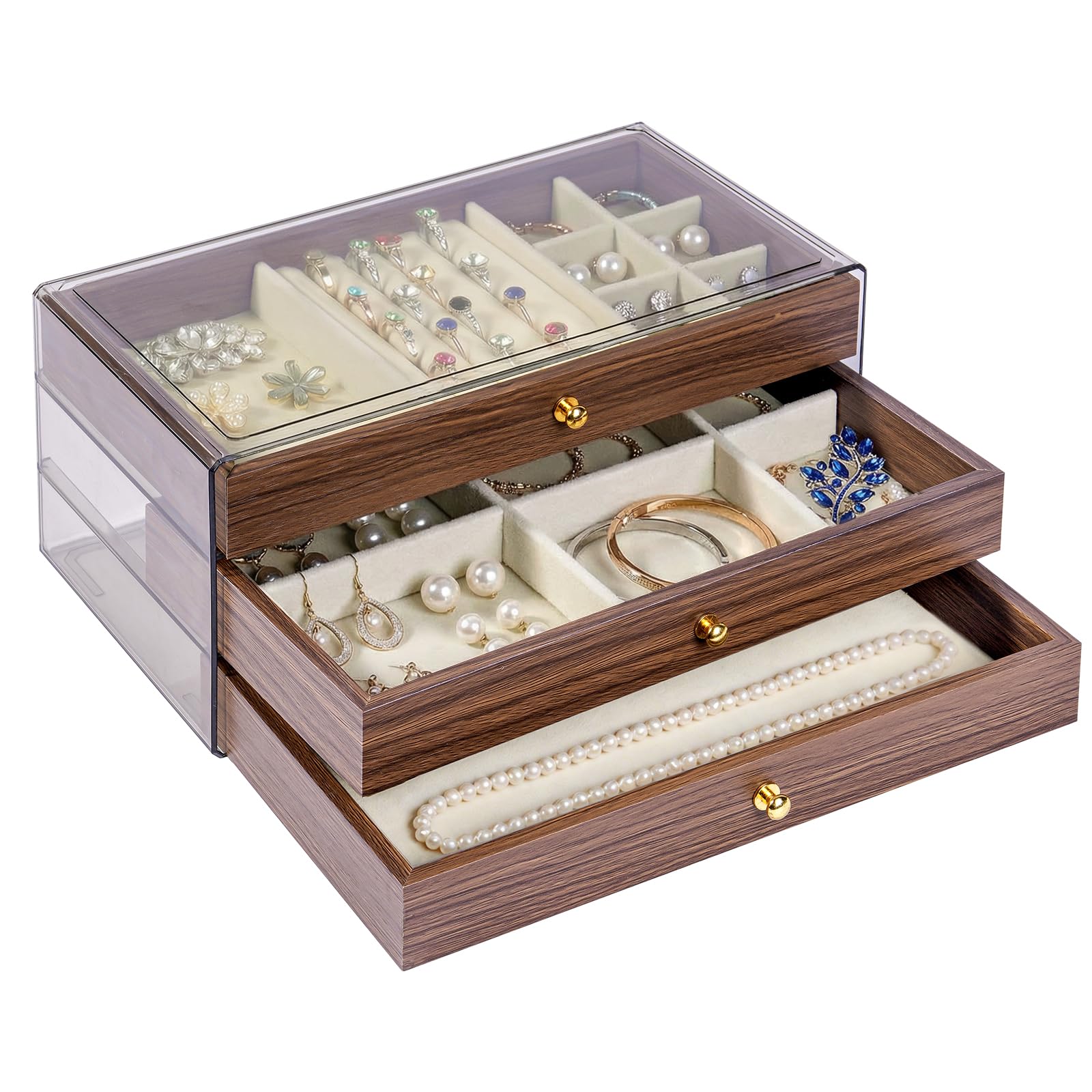 Wooden Jewelry Box for Women 3-Layer Jewelry Organizers and Storage with 3 Drawers Velvet Trays Large Earring Holder