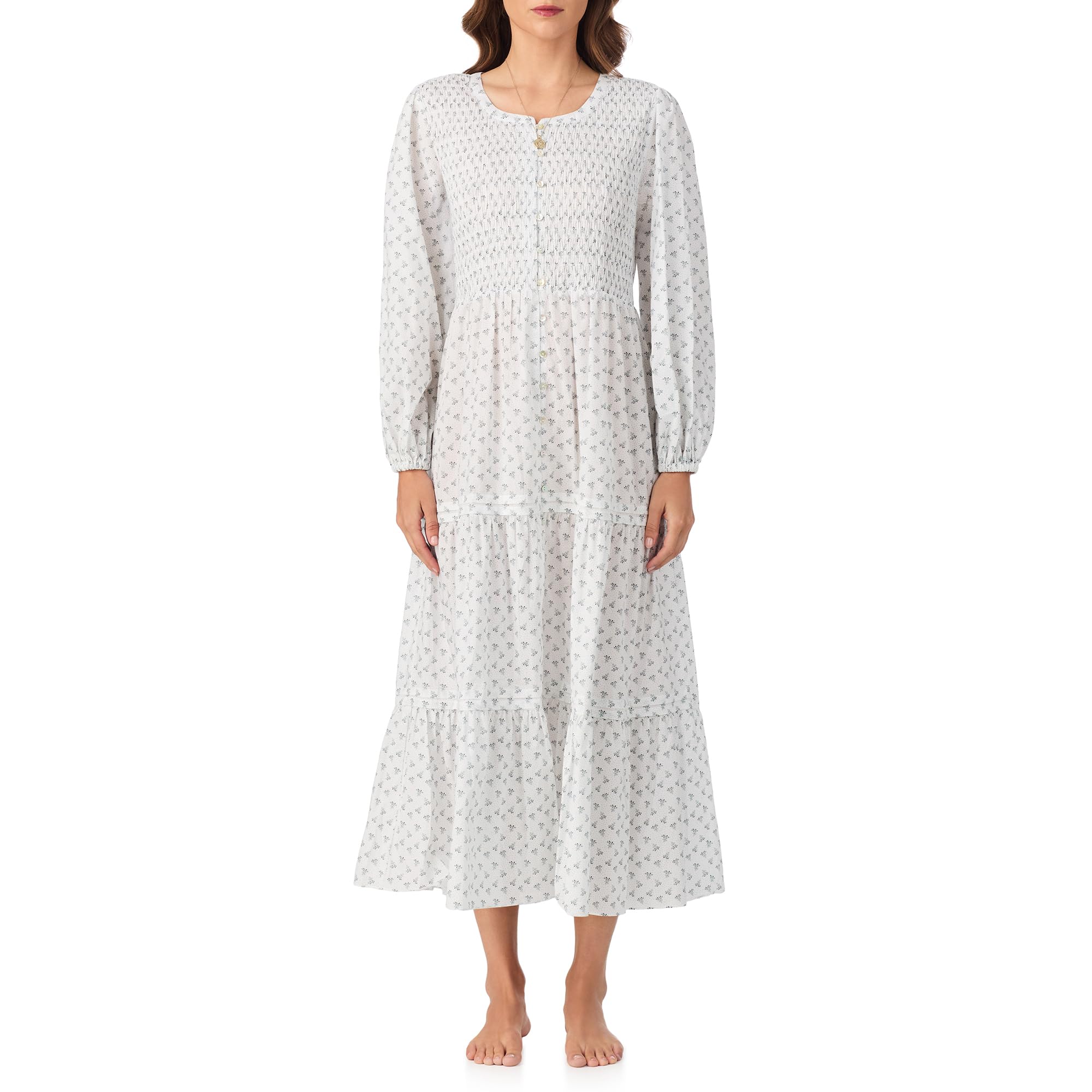Eileen West Womens Sleepwear & Loungewear - 100% Cotton Woven Lawn Collection - Long Sleeve Ballet Button Down Nightgown