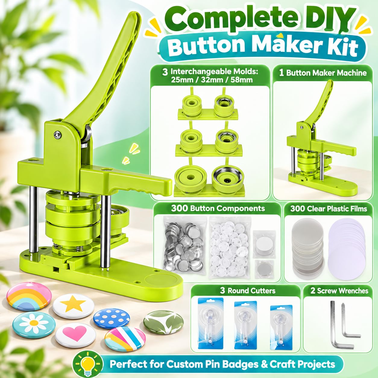 Machine à boutons - 25 mm/32 mm/58 mm - Kit de presse de badge personnalisé avec 300 pièces de bouton pour machine à épingler - Vert