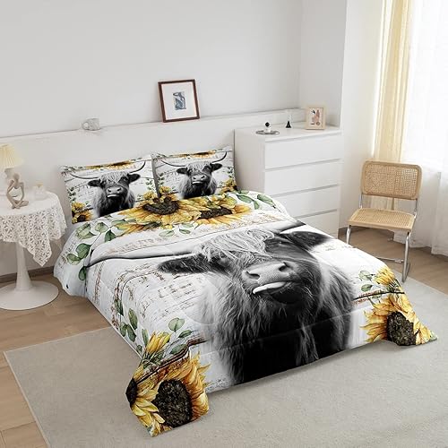 Miniatura 2 de Juego de ropa de cama de vaca de ganado de las tierras altas, tamaño King para niños y niñas, juego de edredón de girasol, para mujeres,
