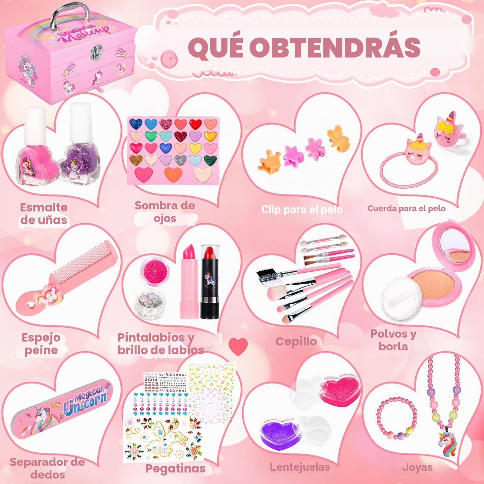 Kit de Maquillaje Niñas , 59 Piezas Lavable, Set Maletin, Juegos de Belleza Cosméticos, Tocador de Maquillaje Niña, Regalos No-Tóxicos para Princesas 5 6 7 8 9 10+ Años