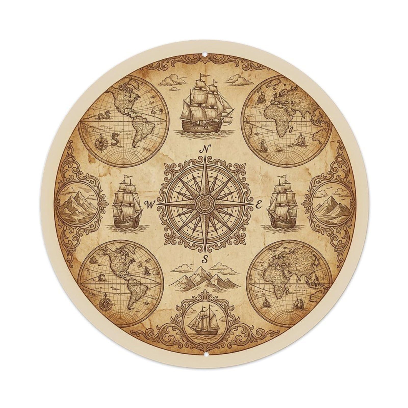Vintage Nautical Compass World Map Sailing Path Metal Tin Sign