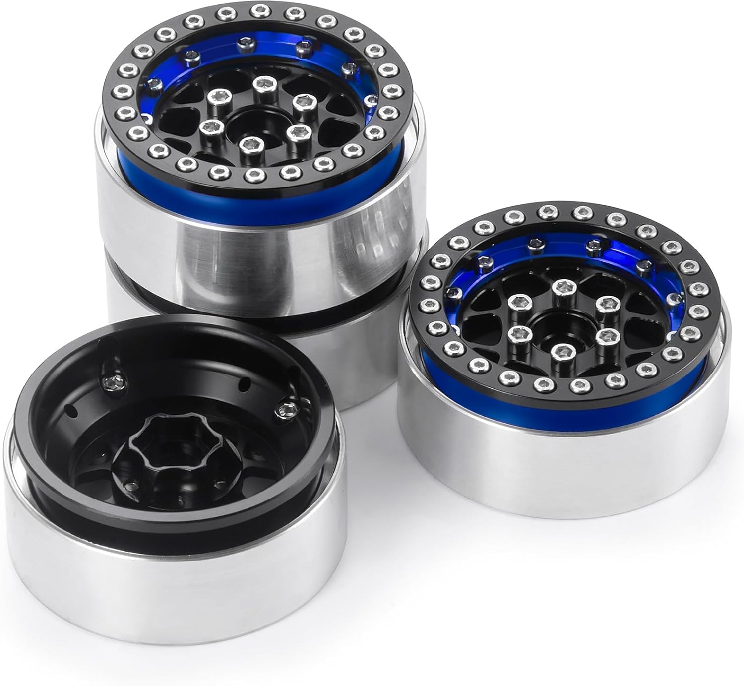 4PCS Beadlock Rims 1.9 Inch Wheels RC Rim Hub Aluminum Beadlock Rims for SCX10 CC01 F350 D90 90034 TRX4 1/10 RC Crawler - 12mm Hex (Matte Black+Blue)