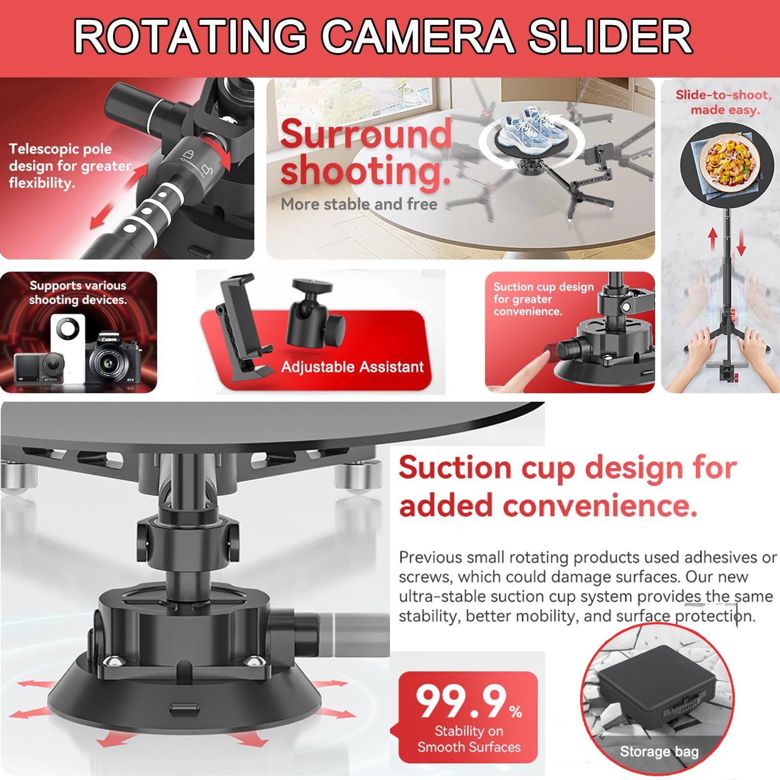 Slider Per Fotocamera Girevole A 360 Gradi | Piatto Girevole Pro Per Fotografia| Giradischi Girevole A 360 Gradi | Piattaforma Video Fotografico +Base A Ventosa +Scatola Portaoggetti ,Black