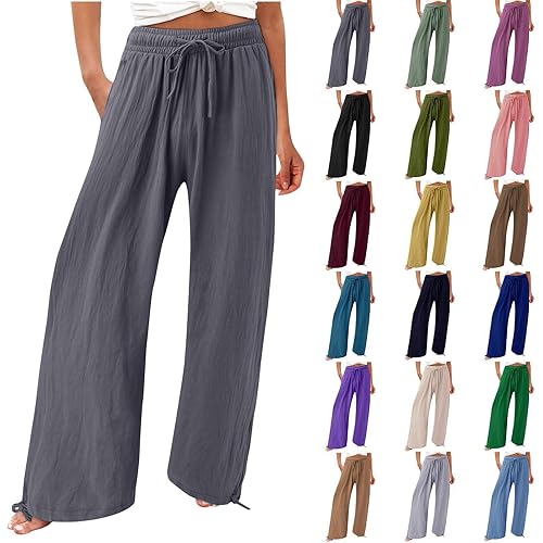 2024 Fall Cotton Linen Pants for Women Wide Leg Trousers Elastic Drawstring High Waist Casual Loose Palazzo Pants