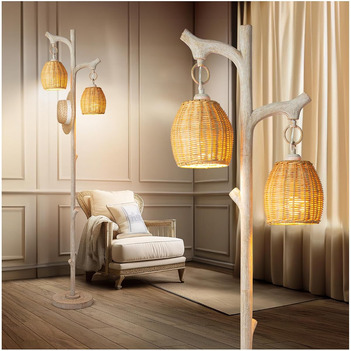 Scenekoy 68" High Rustic Farmhouse Floor Lamp - White Washed Faux Wood with