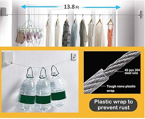 Miniatura 4 de EEUK Tendedero retráctil resistente, línea de lavandería para secar ropa, cuerda ajustable de acero inoxidable para colgar secado, ducha, baño,