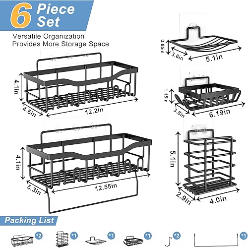 Miniatura 7 de Organizador de ducha de 6 estantes, organizador de baño autoadhesivo, sin taladros y de secado rápido, estante de ducha de acero inoxidable