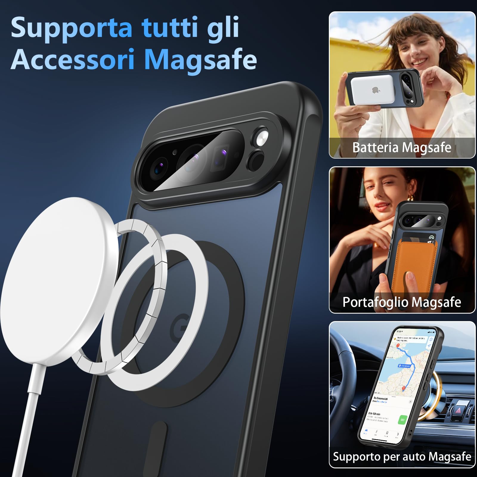 Hensinple Cover Magnetica per Google Pixel 9 Pro XL con Vetro Temperato, Compatibile con MagSafe, Custodia Traslucida Opaca Posteriore Resistente ai graffi TPU Bumper Antiurto Protettiva Case, Nero