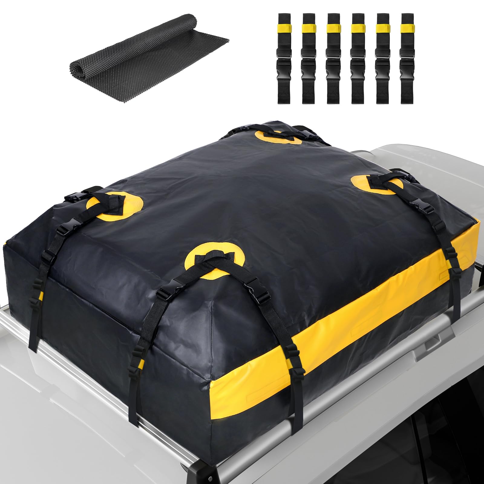 ISOPHO Borsa portatutto Borsa da tetto per auto, 425L Box da tetto pieghevole impermeabile per borsa da tetto auto senza ringhiera/con ringhiera, nero/giallo Box da tetto Con 6 cinghie, di cui 4 fisse