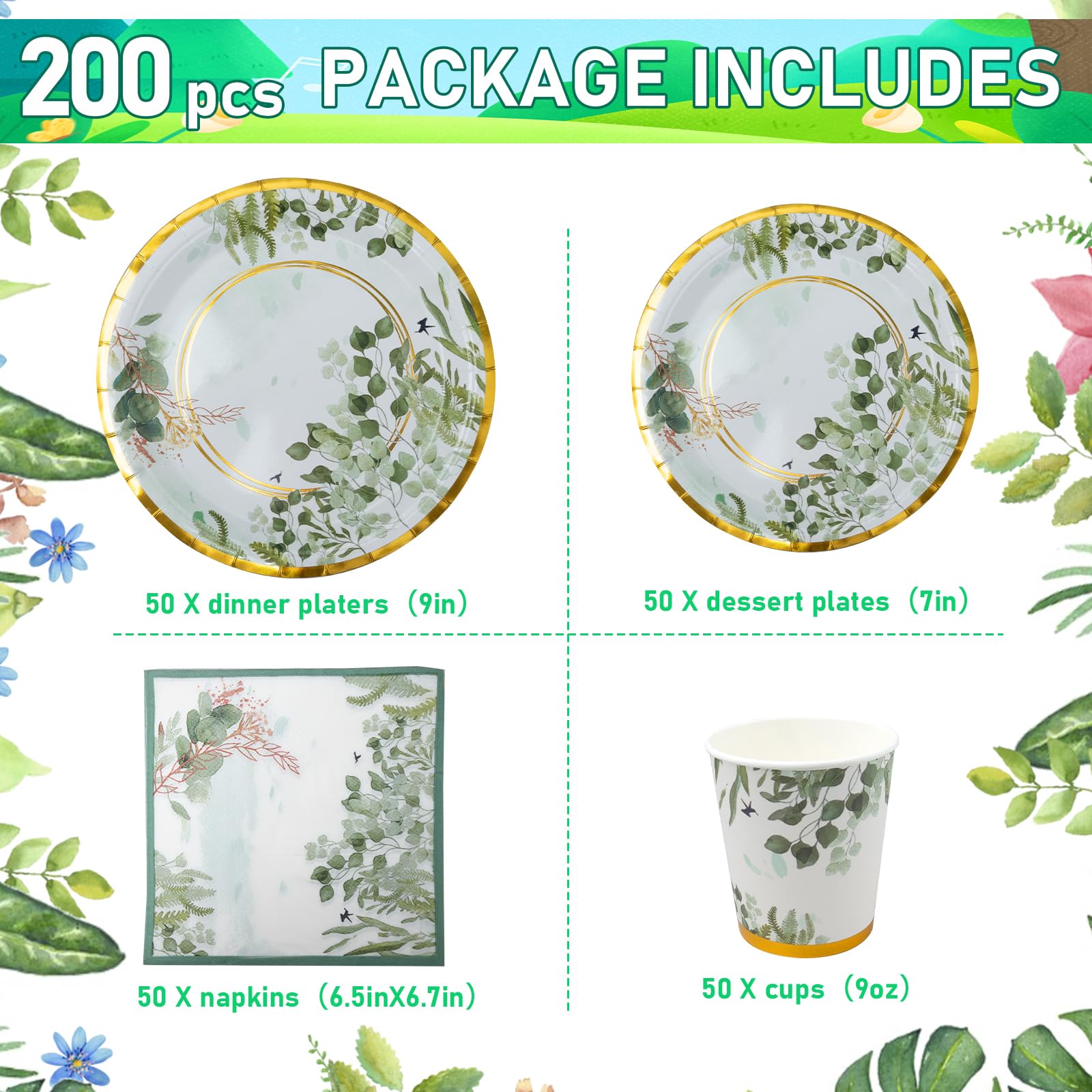 200 piatti di carta verde salvia – bicchieri e tovaglioli neutri per baby shower, per 50 ospiti, piatti usa e getta, per decorazione di compleanno, matrimonio, forniture per feste