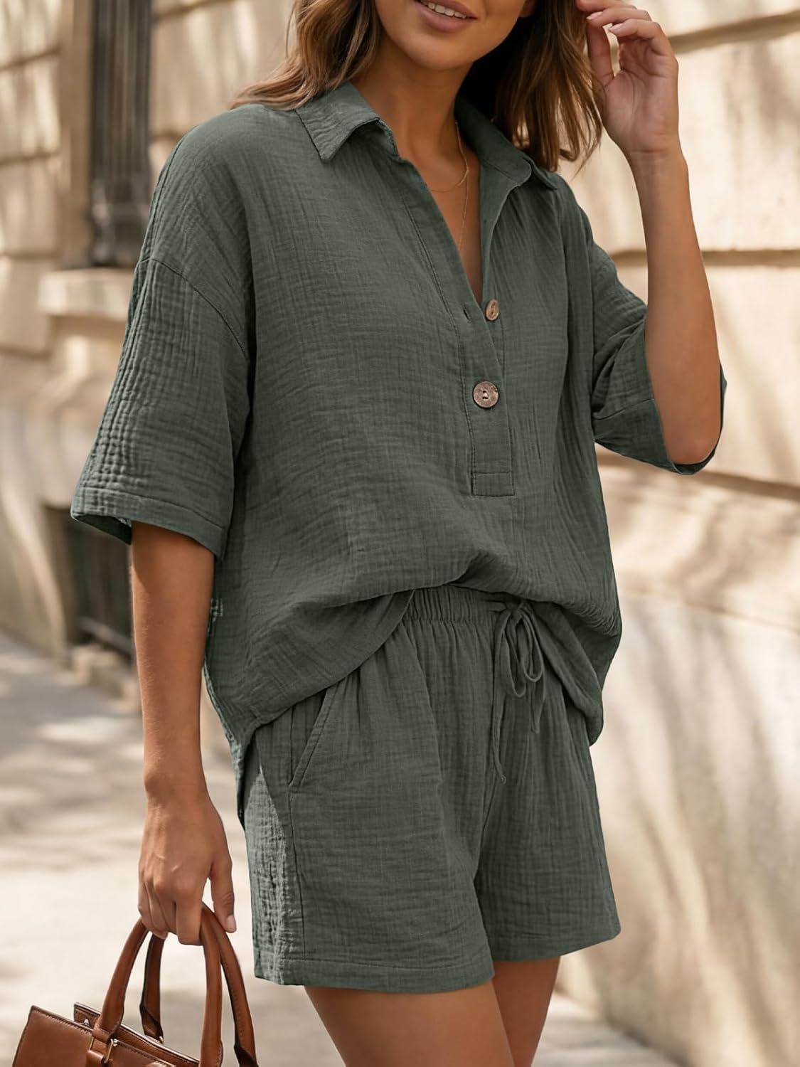 LILLUSORY Womens 2 Piece Linen Short Sets 2026 Summer Vacation V Neck 3/4 Sleeve Beach Outfits Oversized Button Casual Suits - Image 3