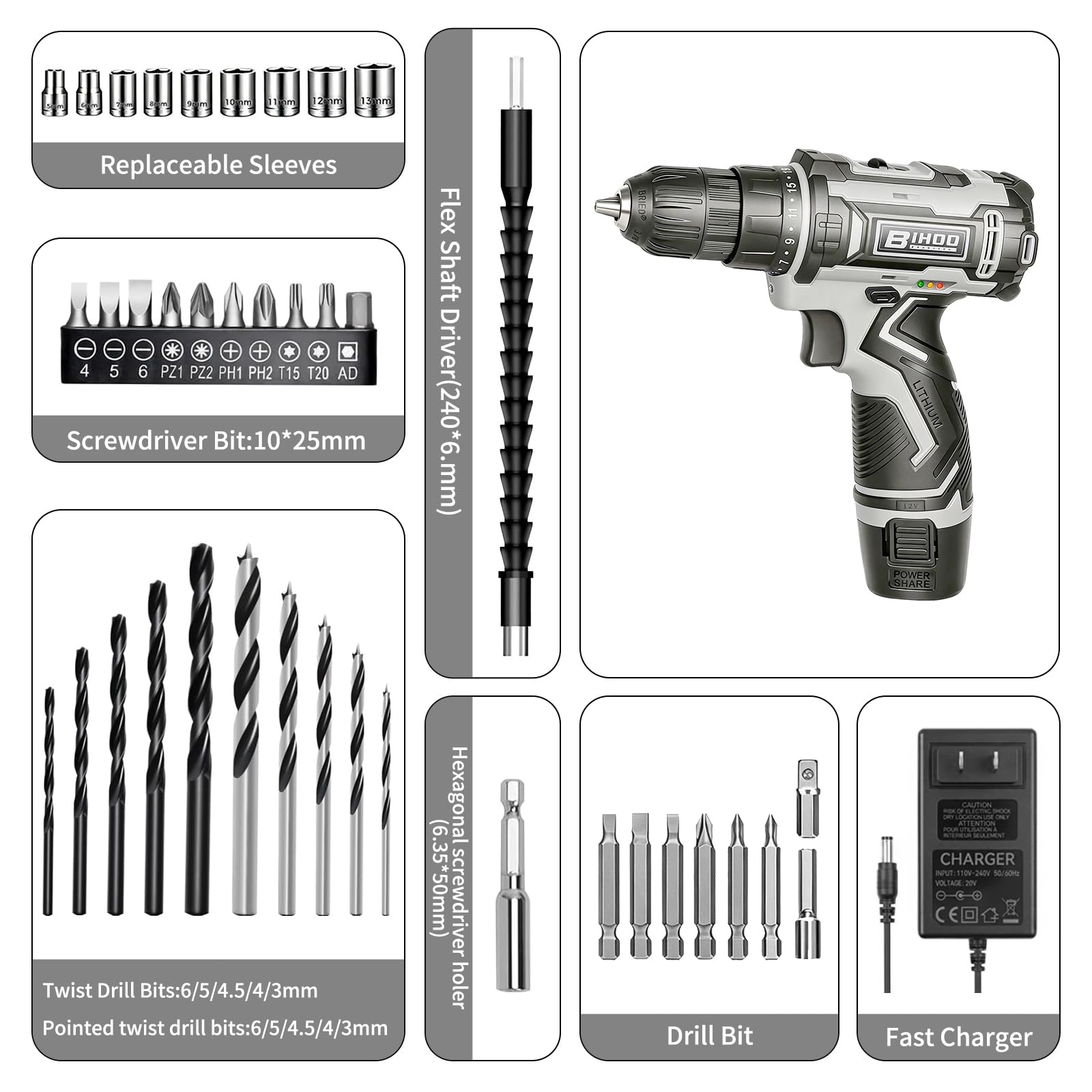 Kit trapano avvitatore senza fili da 12 V, 2 velocità 0-1600 giri/min, coppia 25+1, mandrino senza chiave da 3/8", luce a LED, batteria e caricabatterie, set di punte da trapano, per progetti fai da