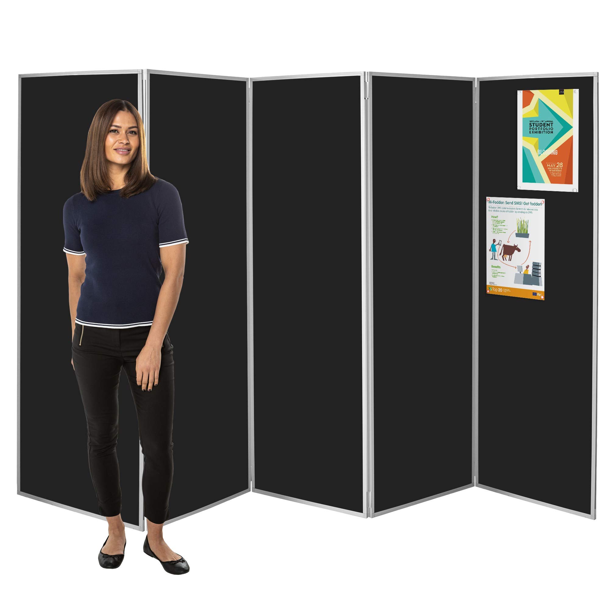 Wonderwall Black Freestanding Felt Folding Display 5 Panel Privacy Screen | Concertina Partition Divider Screen | 13 Colours - Ideal For Healthcare, Schools, Exhibitions, Libraries