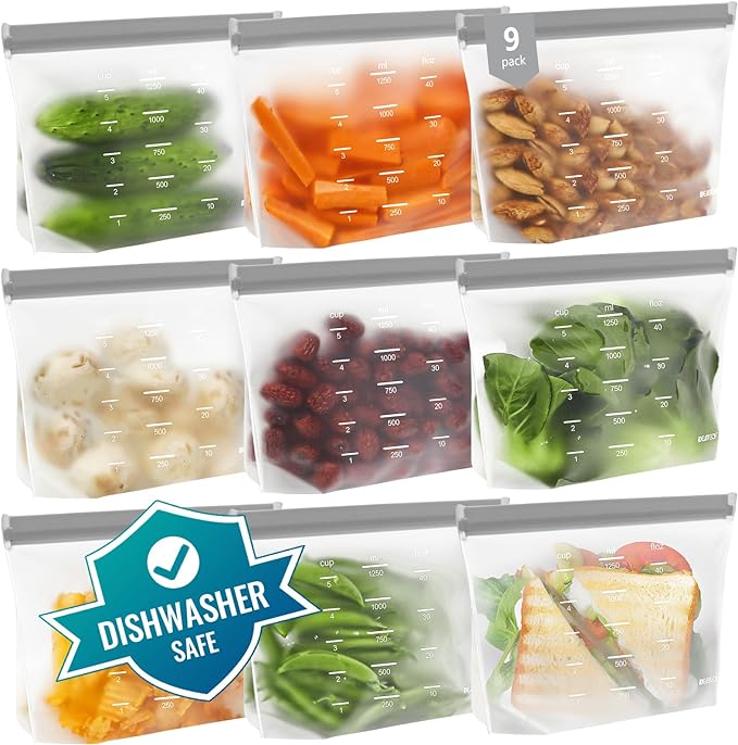 Dishwasher Safe Reusable Storage Bags Stand Up - BPA Free Reusable Sandwich Bags - Leakproof Gallon Freezer Bags for Marinate Meats, Salad Fruit - Multicolor 8 Gallon + 8 Sandwich + 8 Snack Bags