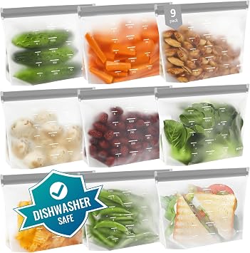 IDEATECH Dishwasher Safe Reusable Storage Bags Stand Up - BPA Free PEVE Reusable Sandwich Bags - Leakproof Gallon Freezer Bags, Silicone Food Storage Bags Multicolor 9 Sandwich