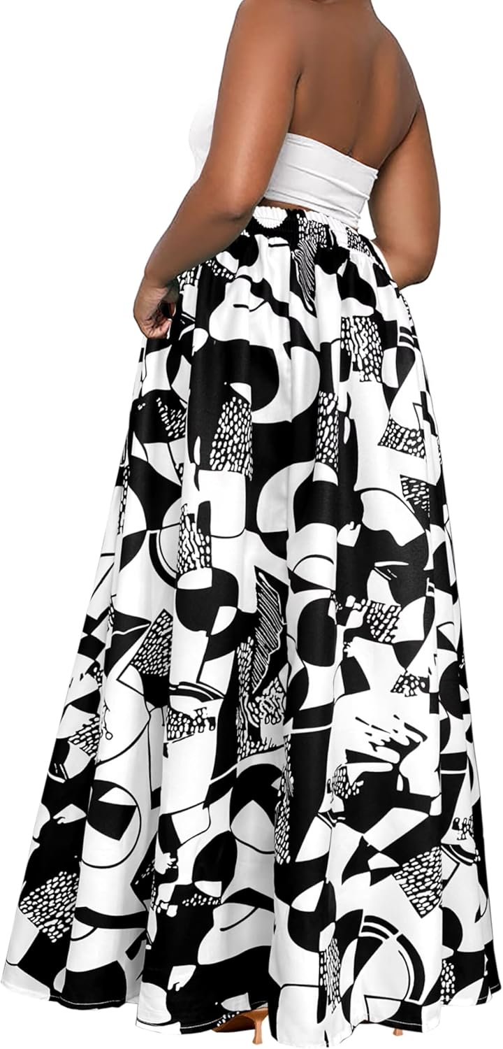 Afibi Womens Casual High Waist Tie African Print Long Maxi Skirt with Pockets - Image 5