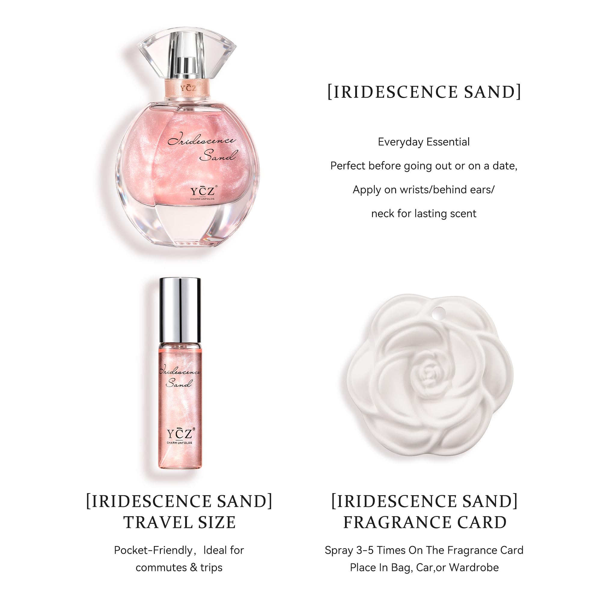 Ycz Quicksand Parfum Damen Set,Langanhaltend Eau de Parfum,Blumig-orientalischer Duft, deales Geschenk für Frauen und Mädchen(50 ml + 15 ml Reise + Duftstein)