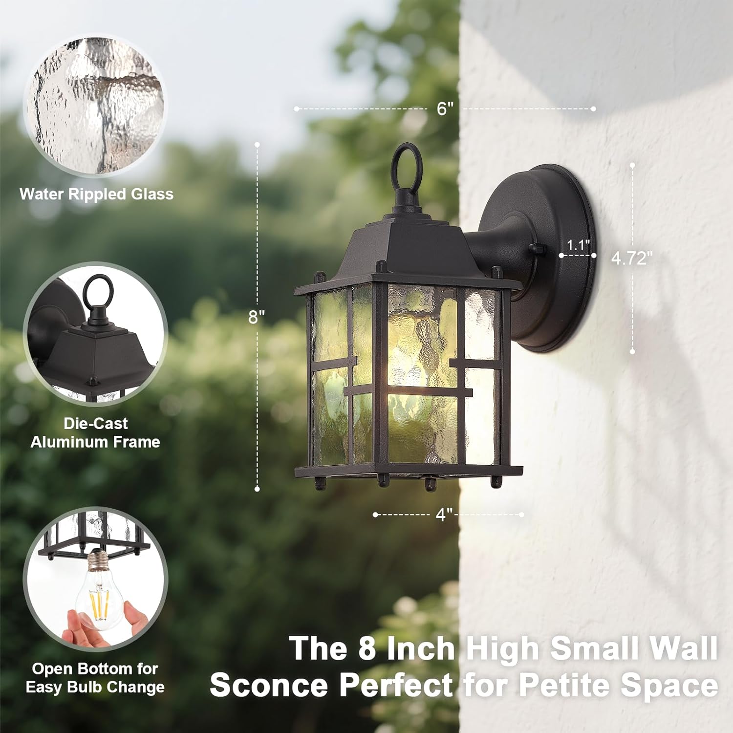 8" High Outdoor Wall Light Fixtures, 2 Pack Black Exterior Light Sconce, Rust-Proof Wall Lantern with Water Rippled Glass for Porch, Patio, Front Door, Garage and House Outdoor Lighting