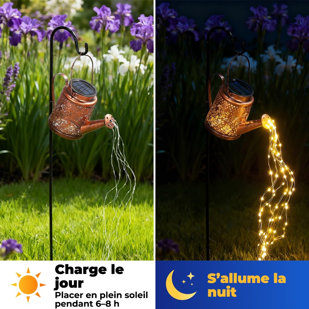 OUSFOT Lampe Solaire Jardin Exterieur Arrosoir Comprenant 6 Guirlande Lumineuse Cascade avec 90 LED, Motifs Colibris et Floraux, Lanterne Lumiere Solaire IP44 Étanche, Decoration Cour Halloween Noël