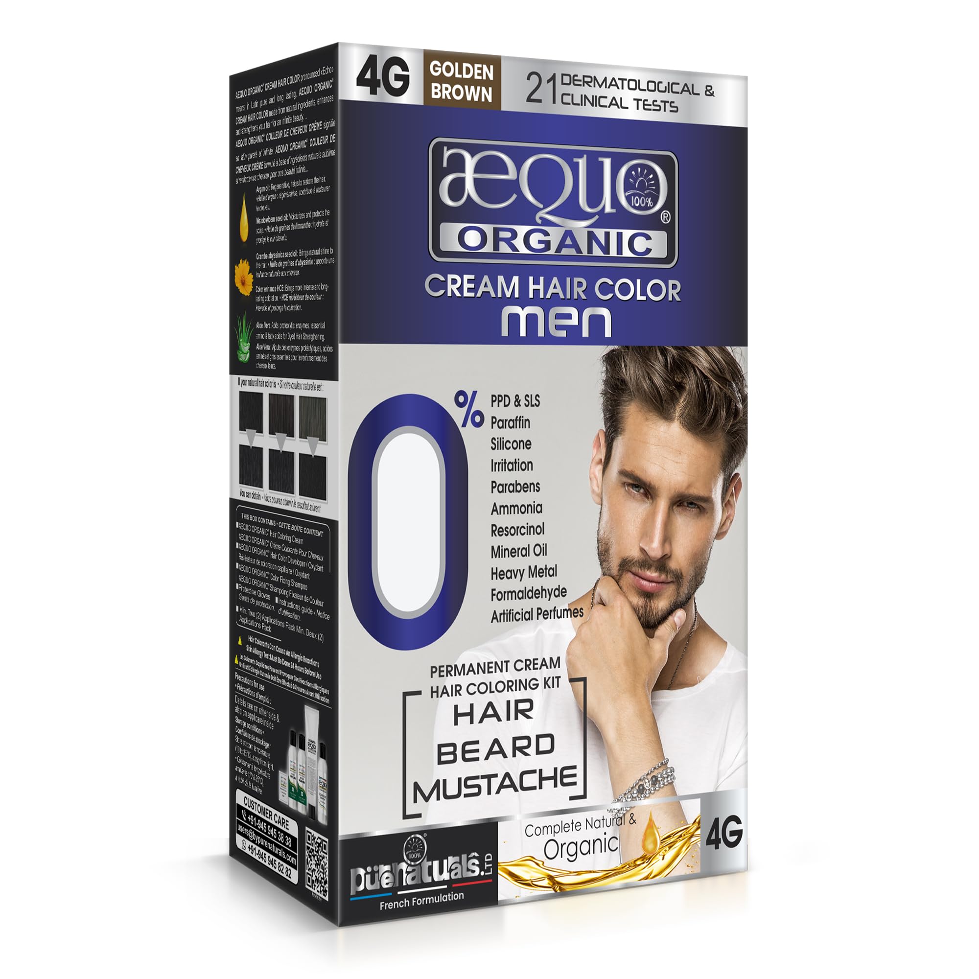 Aequo Organic Cream Hair Conditioning Colour With QH+ Water | Natural, 100% Grey Coverage, PPD & Ammonia Free | Hair, Beard & Moustache Color For Men | 4G Golden Brown, 170ml, Pack Of 1