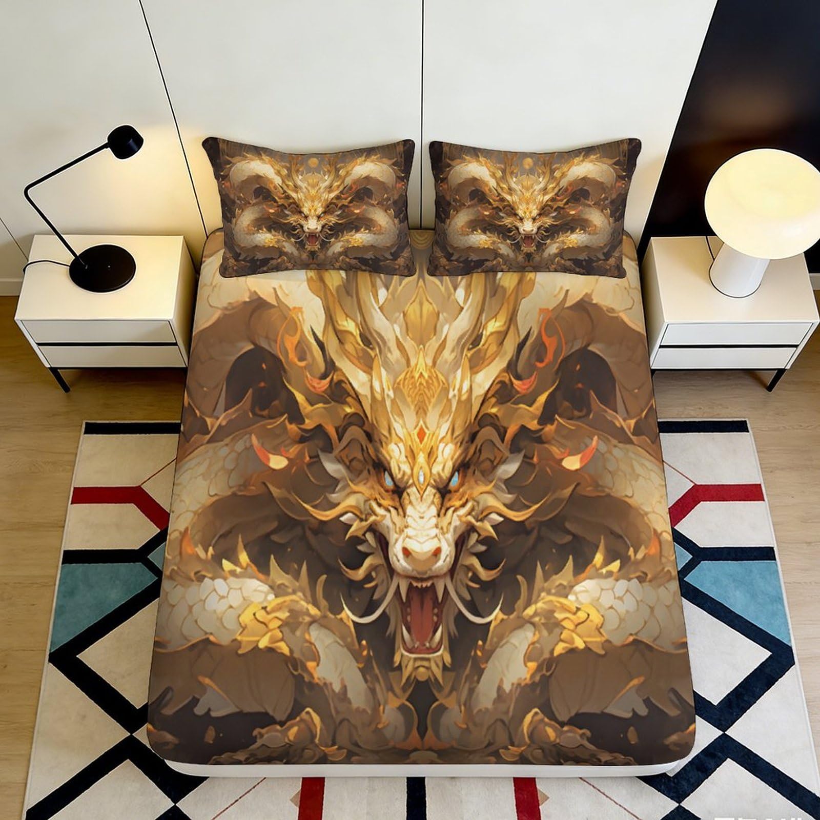3D Printed Golden Dragon Fitted Sheet Microfiber Soft Breathable Mythical Beast Bed Cover for Bedroom Dormitory Guest Room Mattress Protection Decor 200x200x25cm