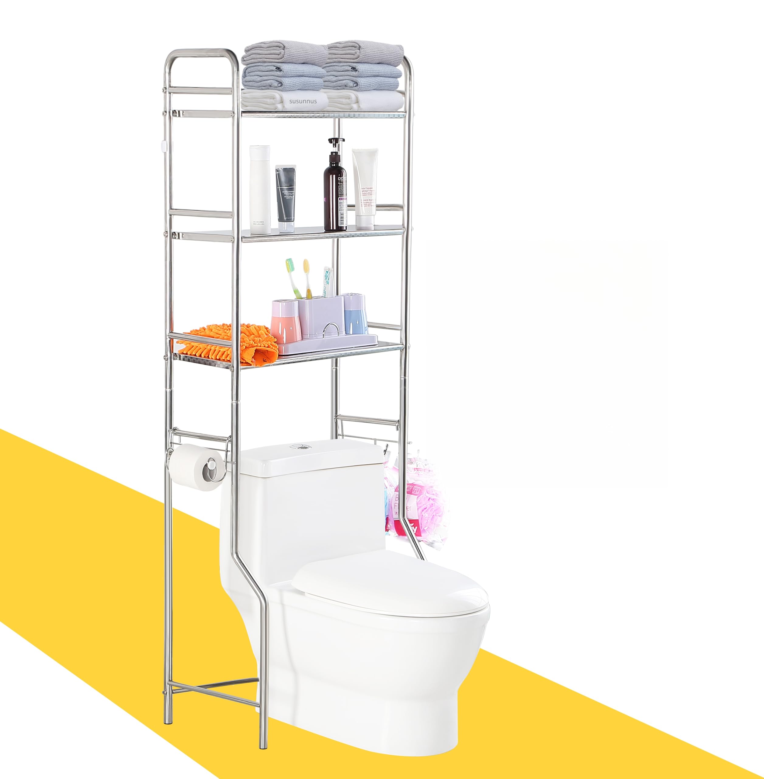 susunnus Over The Toilet Storage 3 Tier S,Bathroom Shelves Over Toilet,Freestanding Space Saver with Toilet Paper Holder,Stainless Steel,Pragmatic,