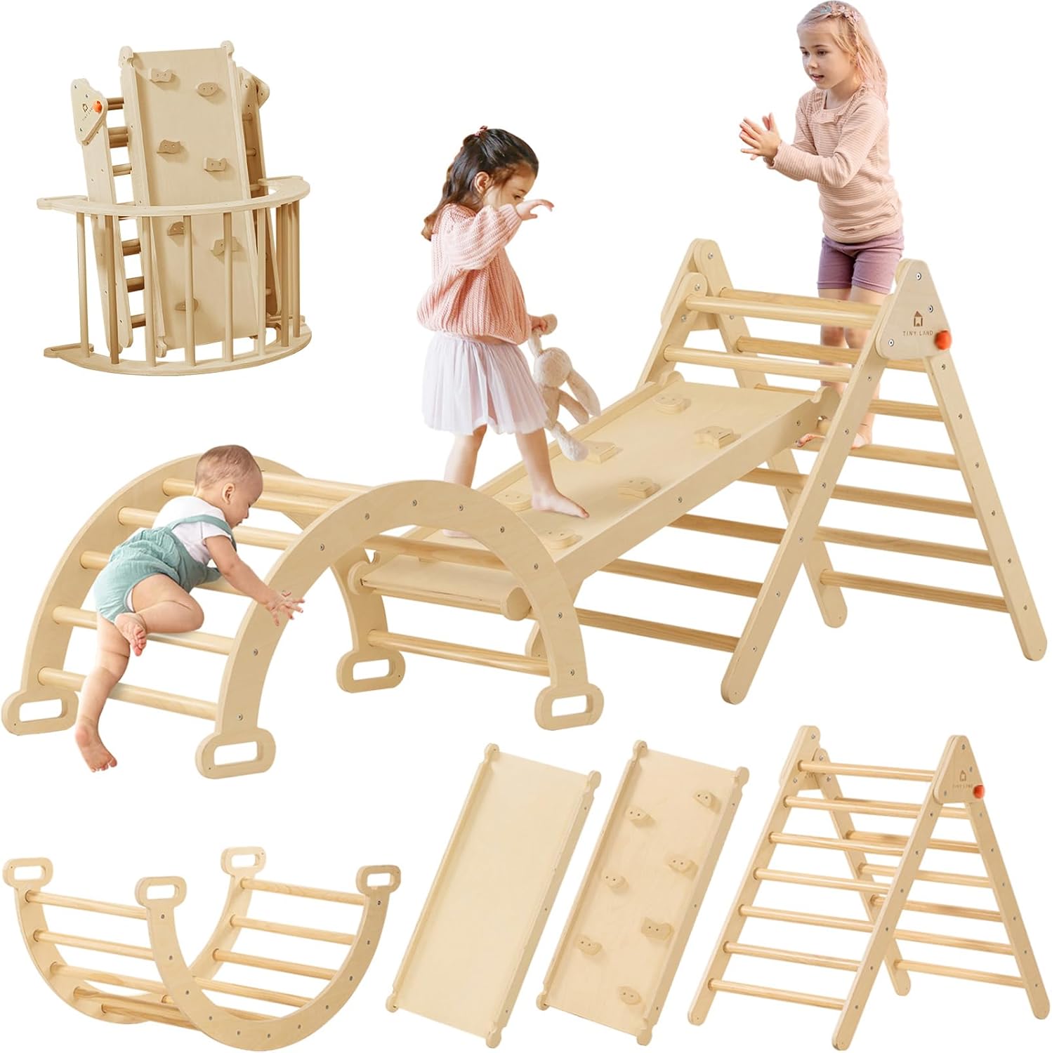 Tiny Land Pikler Triangle Set, 7-in-1 Foldable Pikler Triangle Climbing Toys Set for Kids,Baby Indoor Playground Jungle Gym, Wooden Montessori Climbing Set for Toddler (Natural) Natural Standard