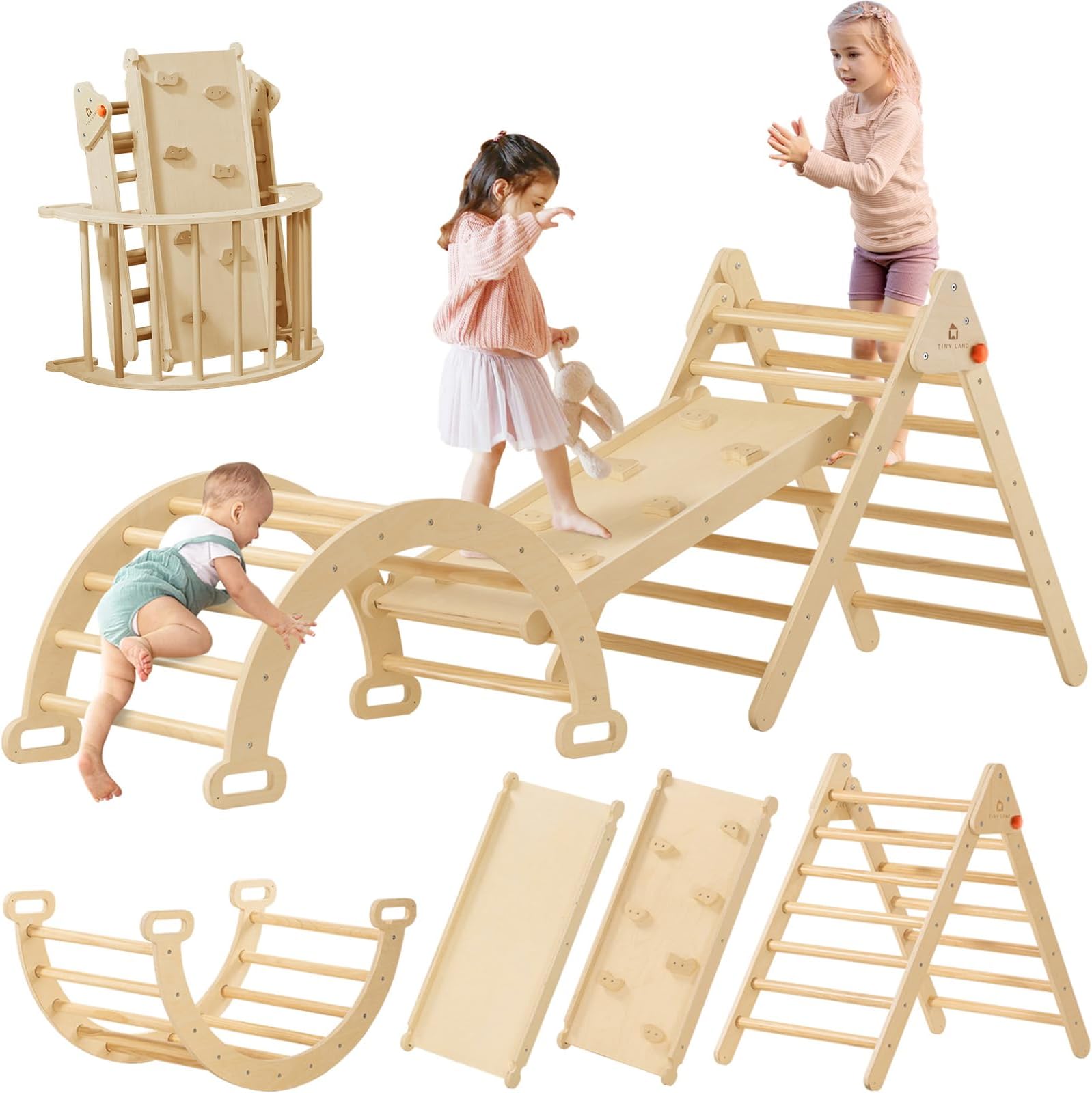 Pikler Triangle Set, 7-in-1 Foldable Pikler Triangle Climbing Toys Set for Kids,Baby Indoor Playground Jungle Gym, Wooden Montessori Climbing Set for Toddler (Natural)