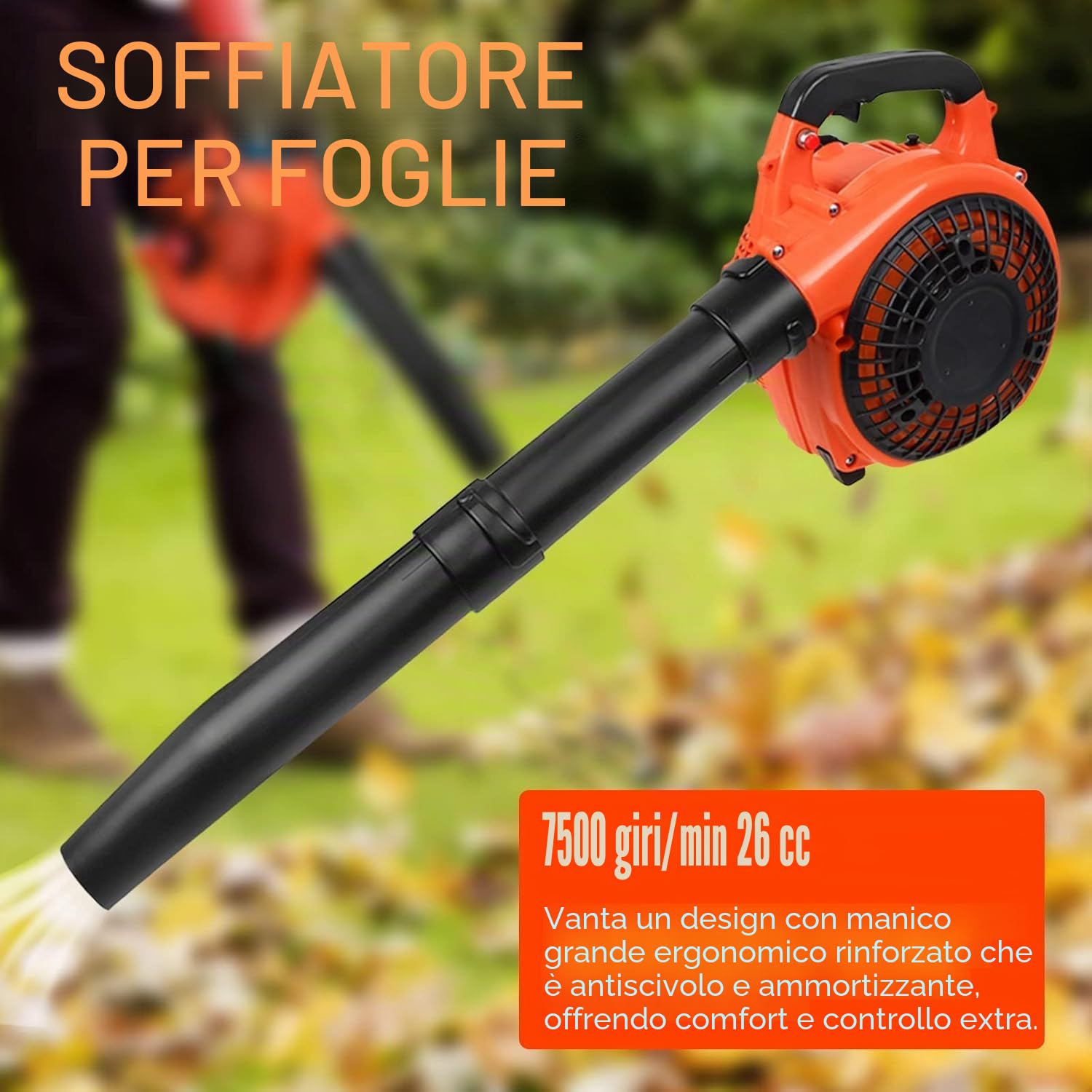 Soffiatore per foglie a benzina da 26 cc, a 2 tempi, portatile, con tracolla regolabile, con 2 tubi di prolunga, ad alta potenza per eliminare foglie pesanti, detriti da giardino, polvere e neve