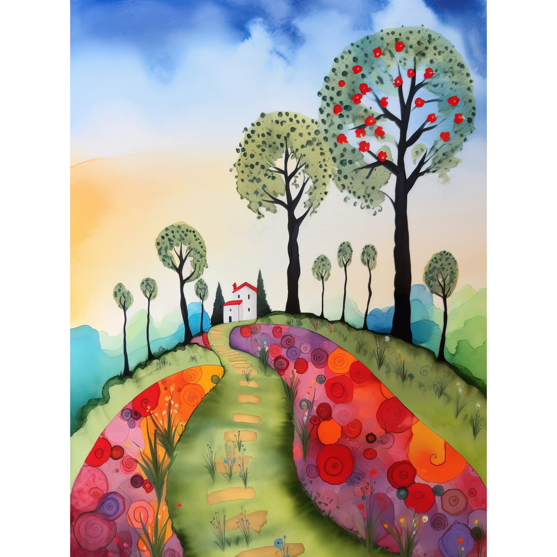 Artery8 Unframed Paper 12X16 Countryside House Path With Flowerbeds Folk Art Landscape Watercolour Painting Unframed Wall Art Print Poster Home Decor Premium