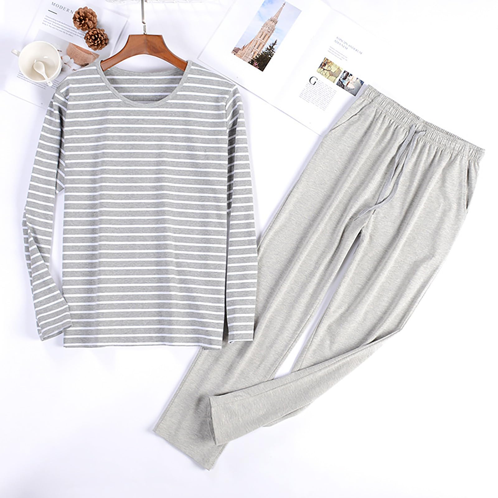 Pigiama Uomo Autunno Cotone Lungo vestibilità Ampia | Completo Notte Uomo Autunnale, Maniche Lunghe e Pantaloni, Vestibilità Ampia per Casa e Relax