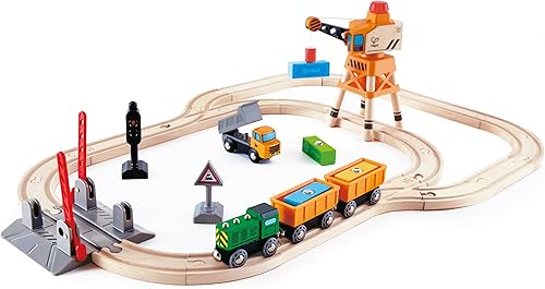 Hape Juego de cruces y grúas | Juego de carga ferroviaria de madera de 32 piezas para niños, multicolor