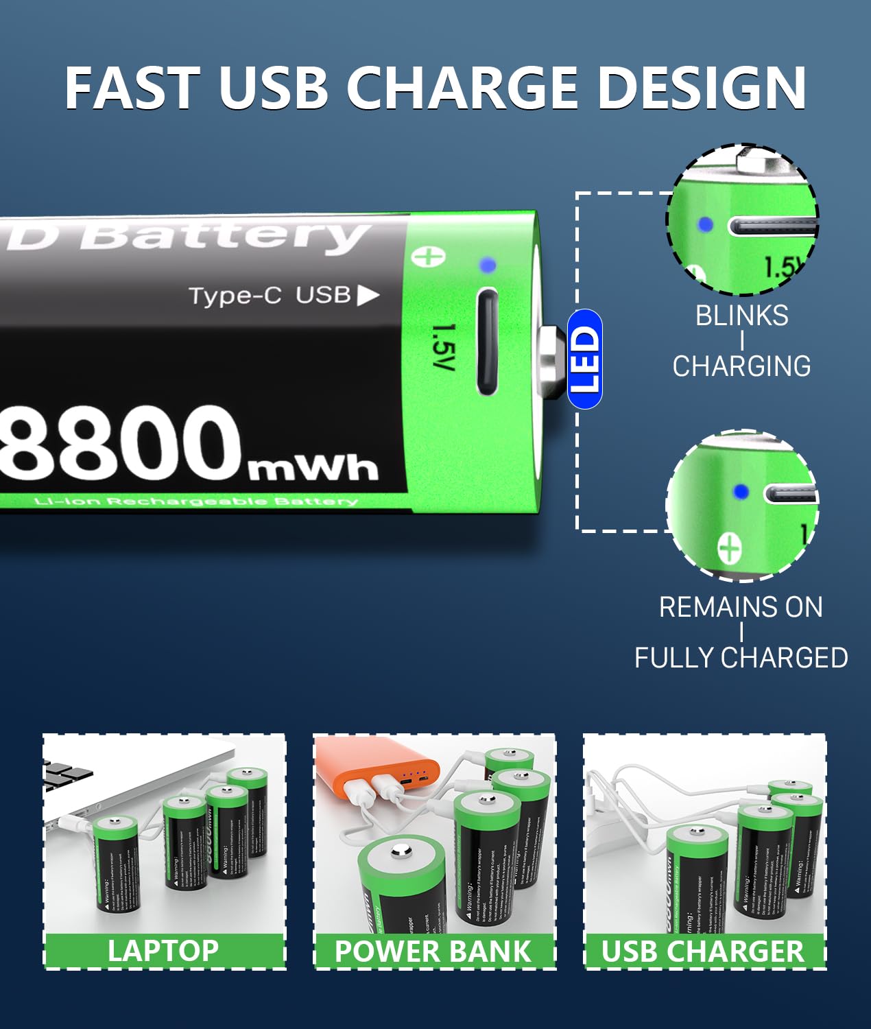 Piles Rechargeable Type D, 8800mWh Haute Capacité au Lithium D cellules avec de Charge USB-C,1,5V D Taille Cellule de Rechargeables la Batterie pour Lampe de Poche (Lot de 4)