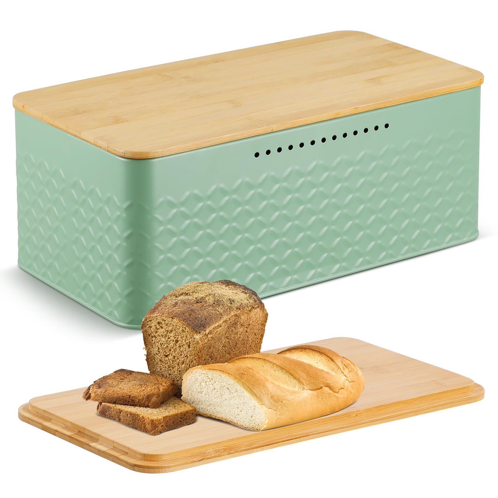 Chuboir Bread Bin, Metal Bread Box with Bamboo Lid Usable as Cutting Board, Bread Storage Container Holder for Kitchen Countertop, 13 x 7 x 5.3 inch (Green)