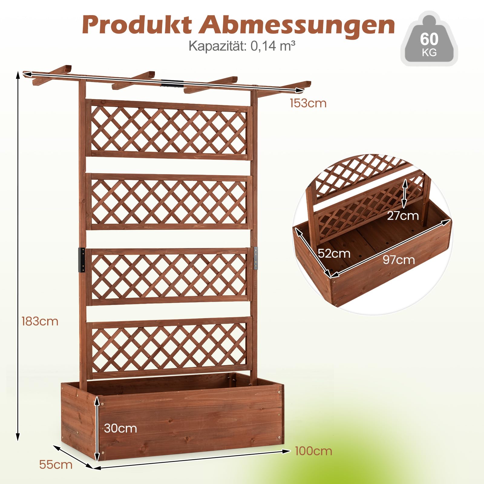 COSTWAY Blumenkasten mit Rankgitter & Dach, Pflanzkübel mit Sichtschutz, Pflanzkasten Tannenholz, Hochbeet mit Spalier, Drainagelöchern, Blumenkübel mit Rankhilfe für Kletterpflanzen, 100 x 55 x 183cm