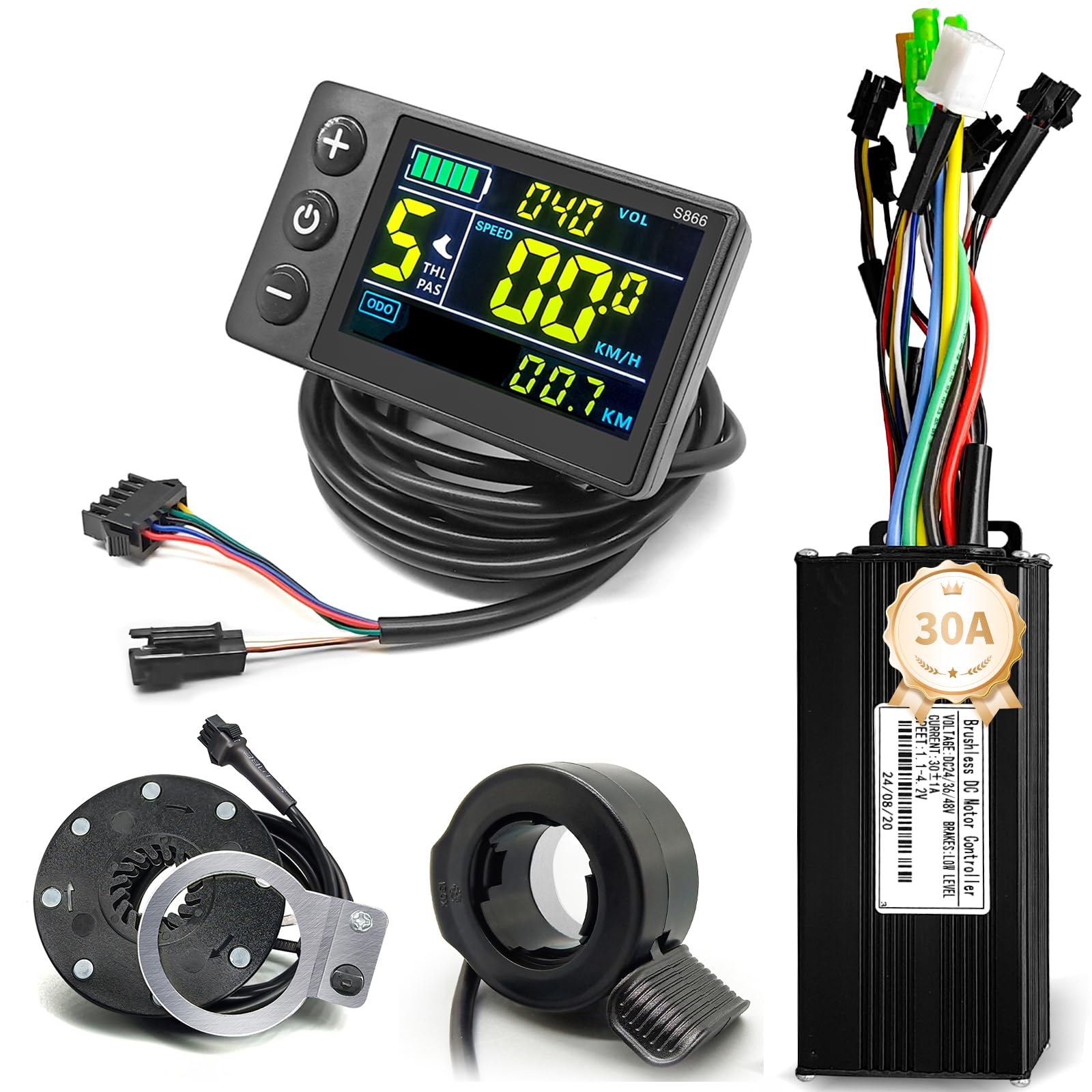 Ebike 30A Sine Wave Controller with CS866 Color Display, Adjustable Throttle & PAS for 500W 800W 1000W 1800W Electric Bicycles Hub Motor