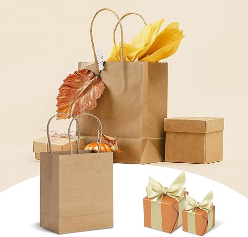 Miniatura 4 de TOWRAP Bolsas de papel marrón con asas, 100 bolsas de regalo Kraft de 5 x 3 x 5 pulgadas, a granel, bolsas de compras, bolsas de fiesta, bolsas de