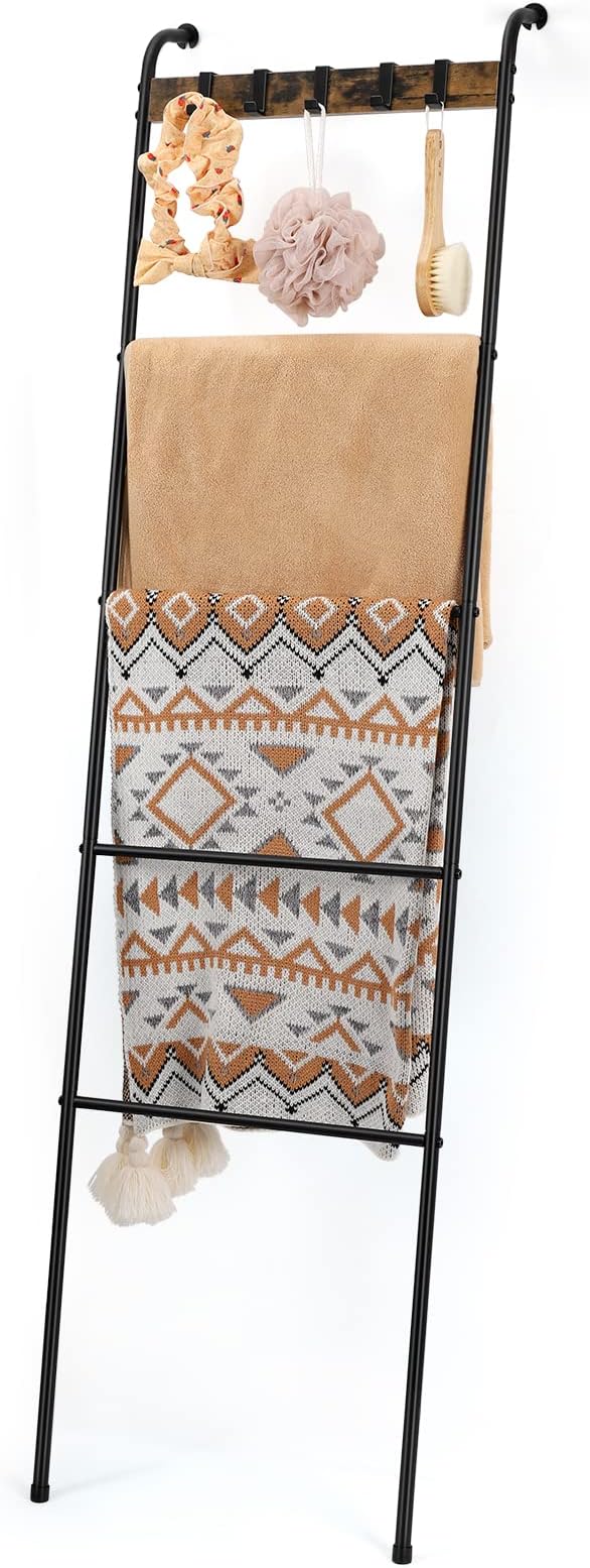 Blanket Ladder Towel Ladder for The Living Room Wall-Leaning Quilt Ladder with 5 Removable Hooks Farmhouse Decorative Bathroom Blanket Ladder Black Towel Rack for Laundry Room Outdoor Pool，Black