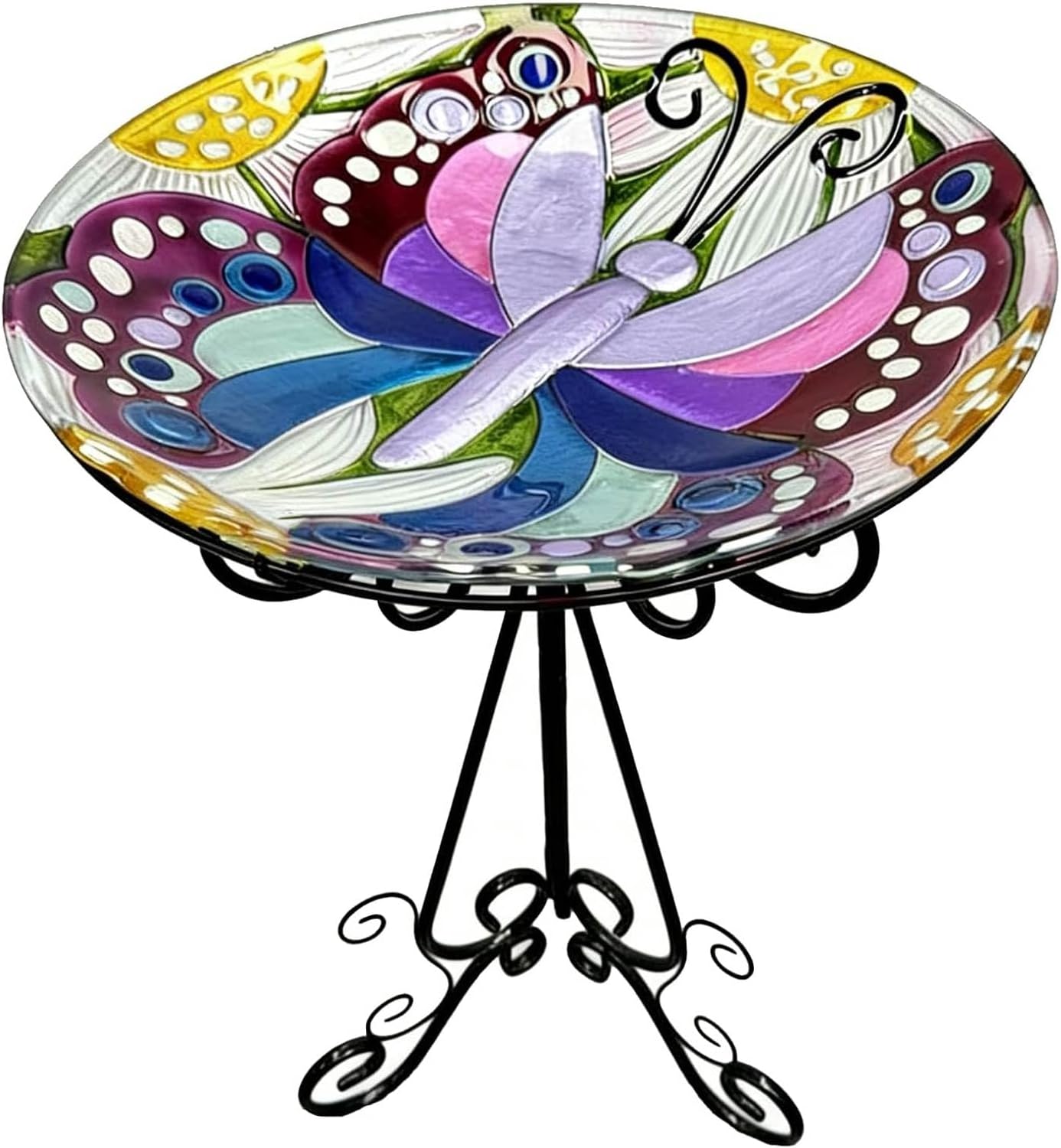 Large Bird Bath for Outside, 18" D Glass Bath Bowl with Metal Stand 28" H Standing Outdoor Birdbaths for Garden Yard Lawn Decor, Butterfly-B