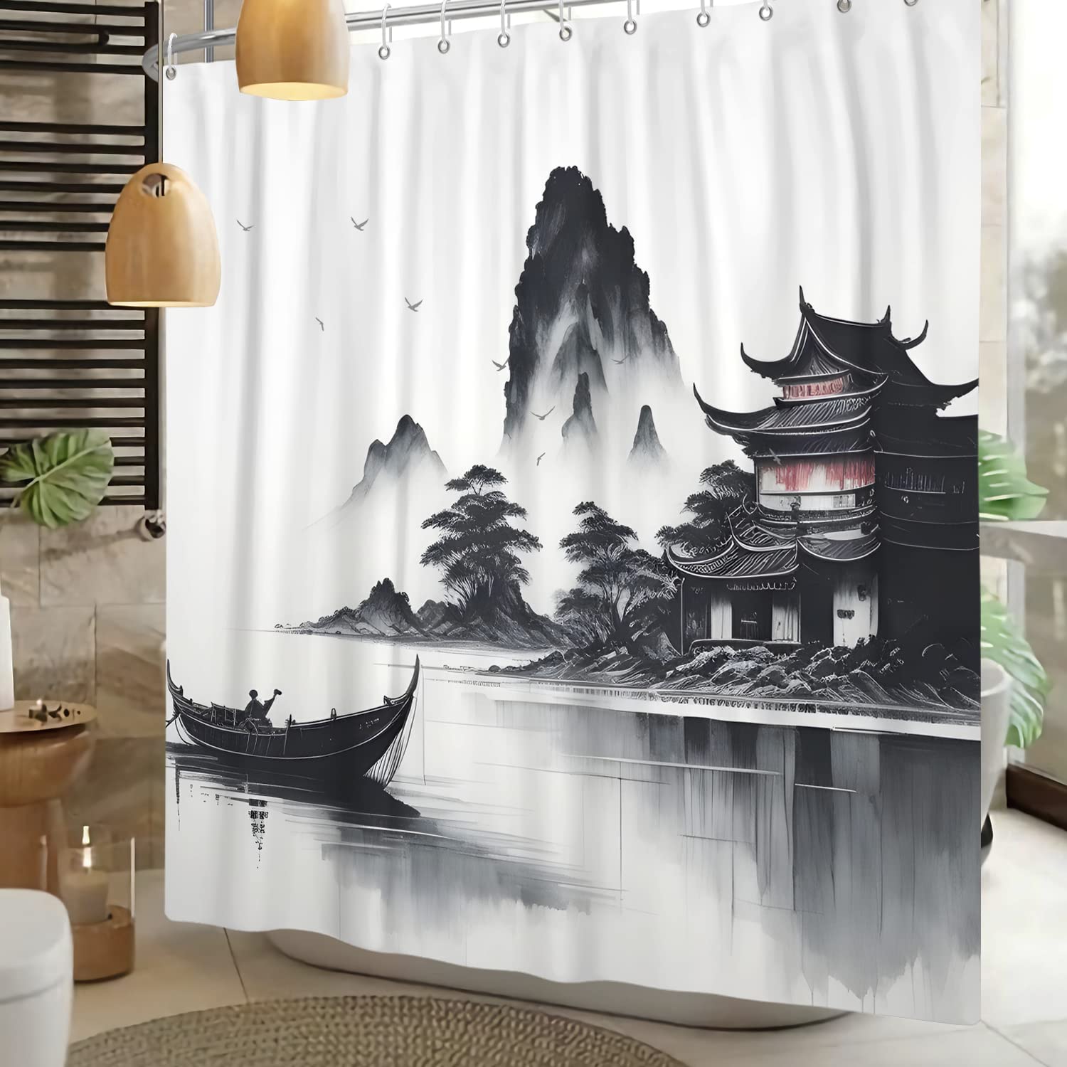 SDOTPMT 105x160cm Japanese Asian Ink Painting Shower Curtain Foggy Mountain Boat Wild Goose Bathtub Curtain Outdoor Natural Scenery Bath Curtain for Bathroom Decor Polyester with Hooks - Image 3