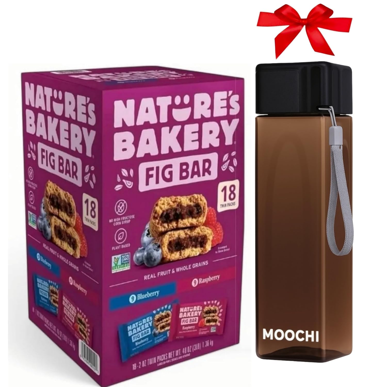 Nature- Bakery Fig Bar Variety Pack – 18 Twin Packs (2oz Each) – Blueberry & Raspberry, Whole Wheat, Non-GMO, Kosher, Vegan – Get Free MOOCHI Reusable Water Bottle | Custom Bundled Snack Gift
