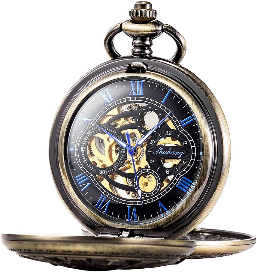 Pocket Watch Skeleton Mechanical Double Case Hand-Wind SIBOSUN Roman Numerals Antique Chain Mens