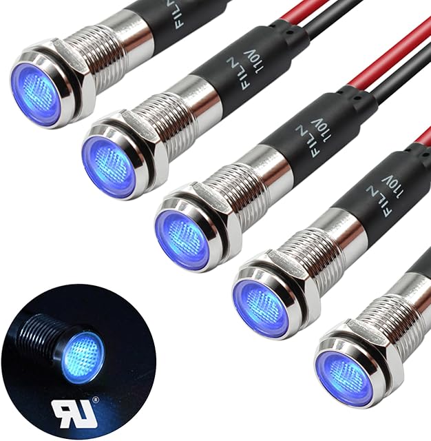 FILN 5Pcs 8MM (5/16'') Indicator Light led Indicator 110V 220V Metal Pilot Lamp Lights Aluminum Black Anodized Waterproof ip67 Red Signal Lamp Light(110V-Brass Nickel Plated-Blue 5Pcs)