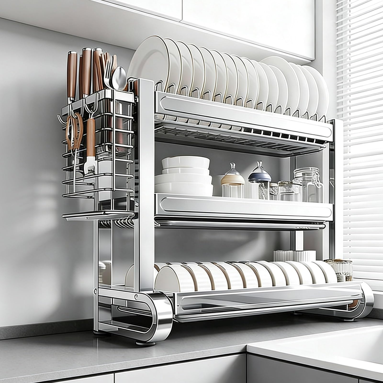 Escurridor de Platos de Acero Inoxidable, Soporte para Utensilios de Cocina Que Ahorra Espacio con Bandeja de Agua Deslizante, Amplio Espacio de Almacenamiento Dividido para tazones/Platos/c
